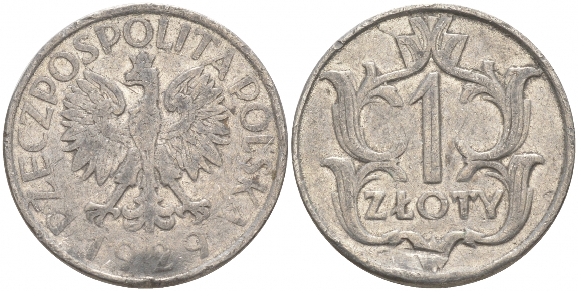ПОЛЬША 1 ЗЛОТЫЙ 1929 w, ИМИТАЦИЯ, НЕ МАГНИТНАЯ KM 14 никель 68-412