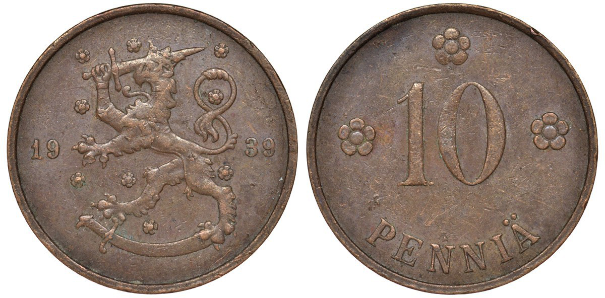 Финляндия 10 пенни 1939 KM 24 медь 51-3117