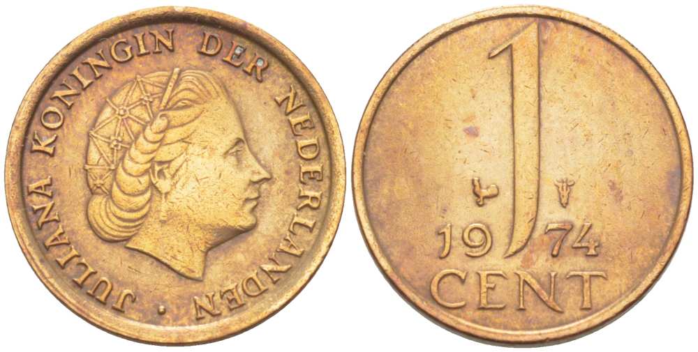 НИДЕРЛАНДЫ 1 ЦЕНТ 1974 ЮЛИАНА (1948-1980) KM 180 бронза 3309-342