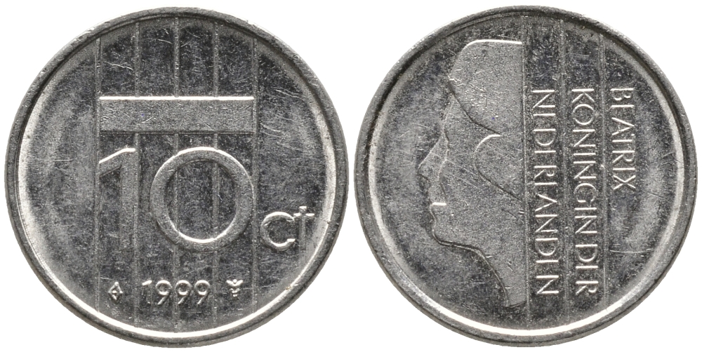 НИДЕРЛАНДЫ 10 ЦЕНТОВ 1999 БЕАТРИКС KM 203 никель 96-1257