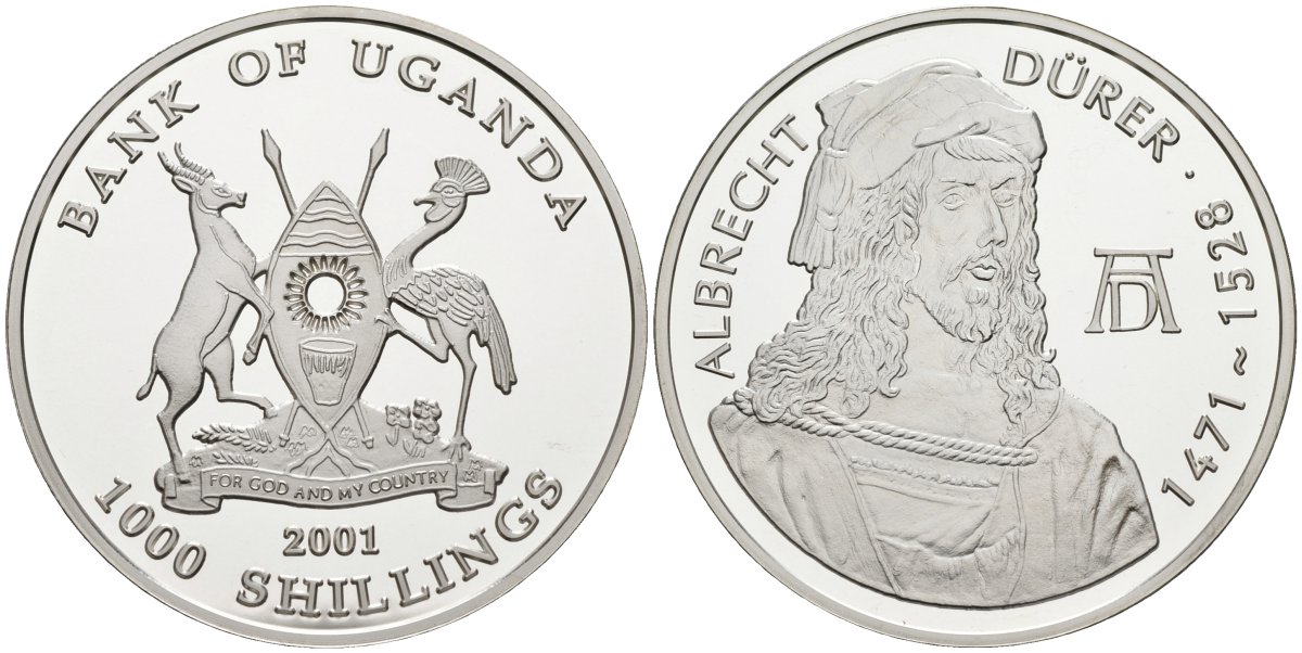 Уганда 1000 шиллингов 2001 Альбрехт Дюрер (1471-1528) KM 203 серебро PROOF 00-00