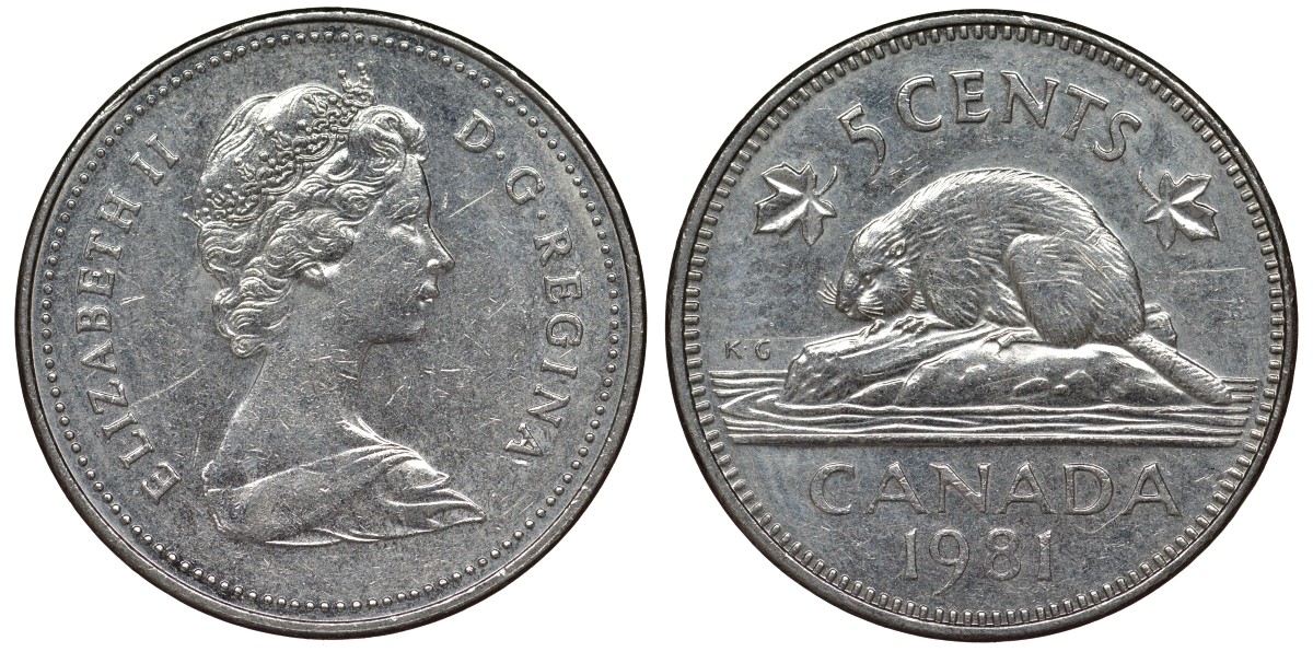 Канада 5 центов 1981 Елизавета II (1952-2022), бобер KM 60.2 никель 4128-554