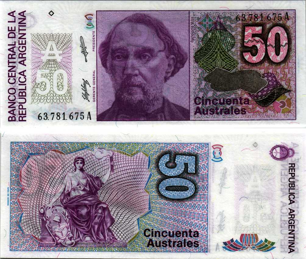 АРГЕНТИНА 50 АУСТРАЛЕЙ 1989 СЕРИЯ A 63781, БАРТОЛОМЕ МИТРЕ, АРГЕНТИНСКИЙ ПОЛИТИК, ПОЛКОВОДЕЦ Pick 326b, Bottero 2832 бумага UNC (ПРЕСС) 6352-25-3-2