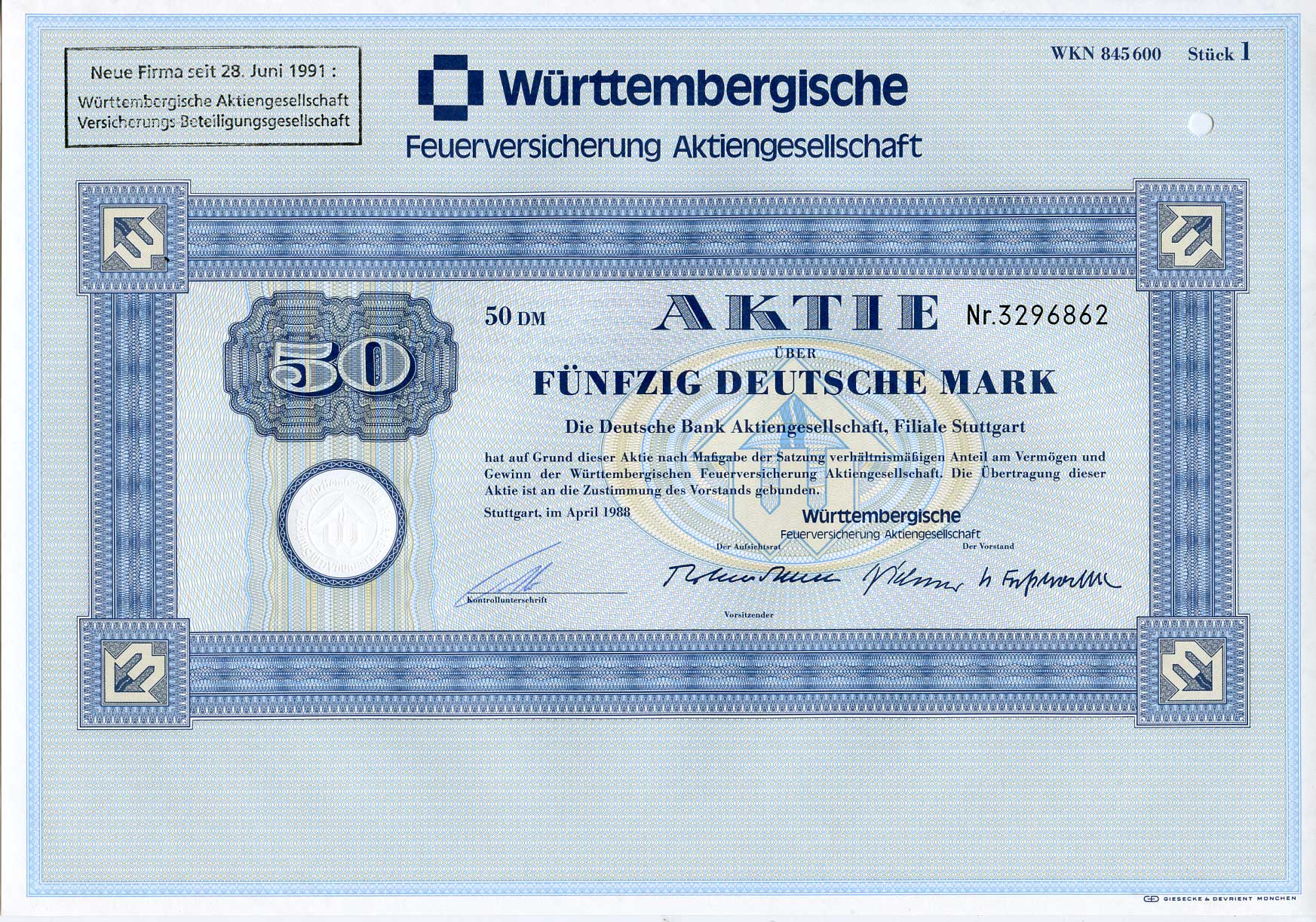 ФРГ 50 марок 1988 Акционерное общество по страхованию от пожаров Вюртемберга, акция   бумага   8803-100-1