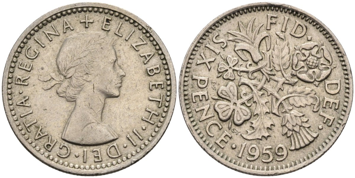 Великобритания 6 пенсов 1959 Елизавета II (1952-2022) KM 903, Spink 4149 медно-никель 4585-913