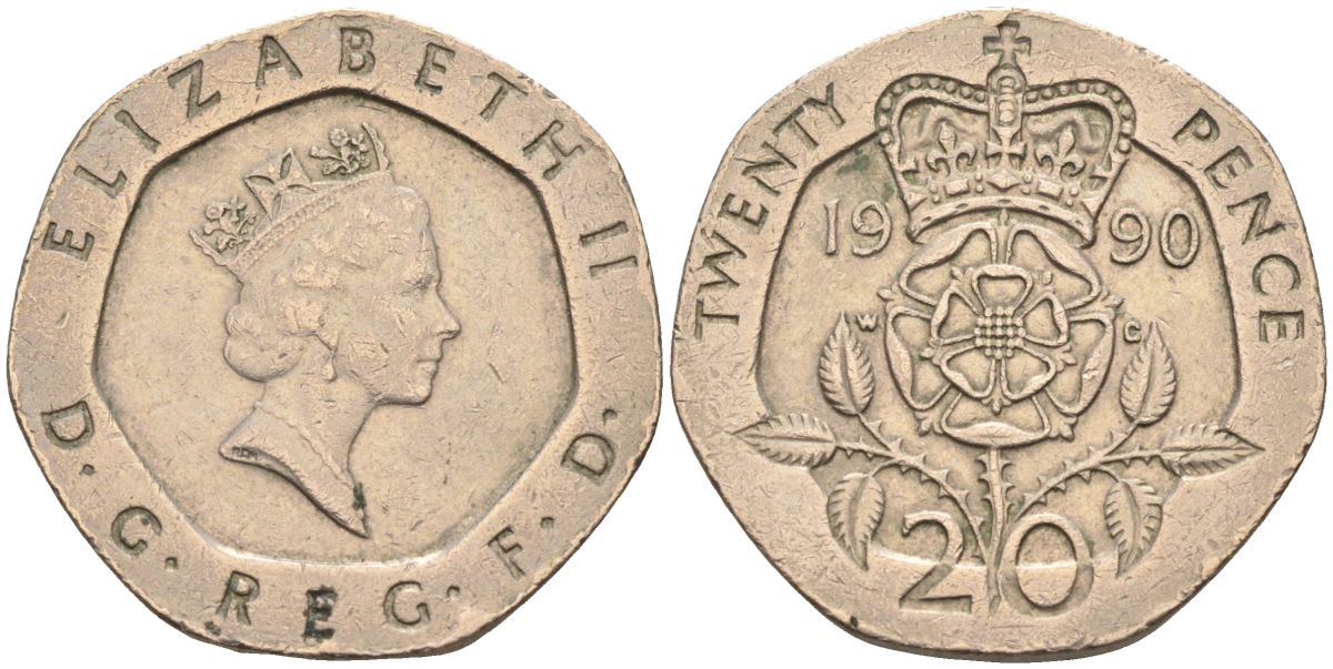Великобритания 20 пенсов 1990 Елизавета II (1952-2022) KM 939, Spink 4361 (G2) медно-никель 4116-822