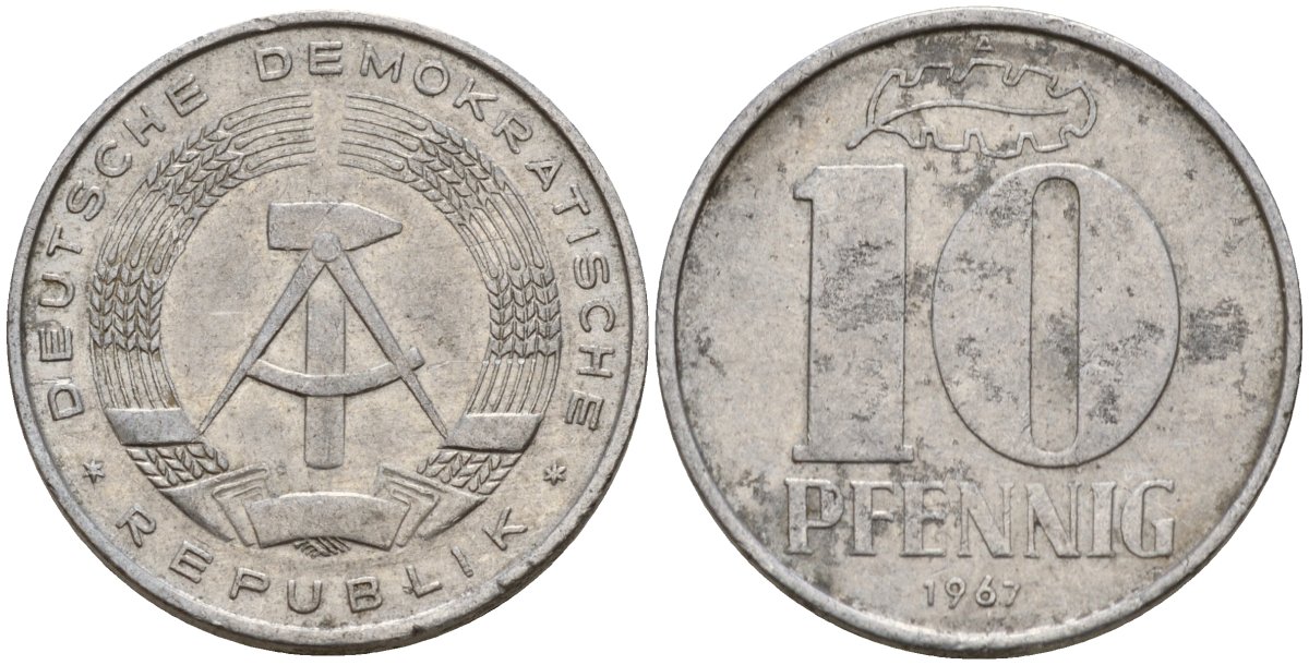 ГДР 10 пфеннигов 1967 A KM 10 алюминий 28-232