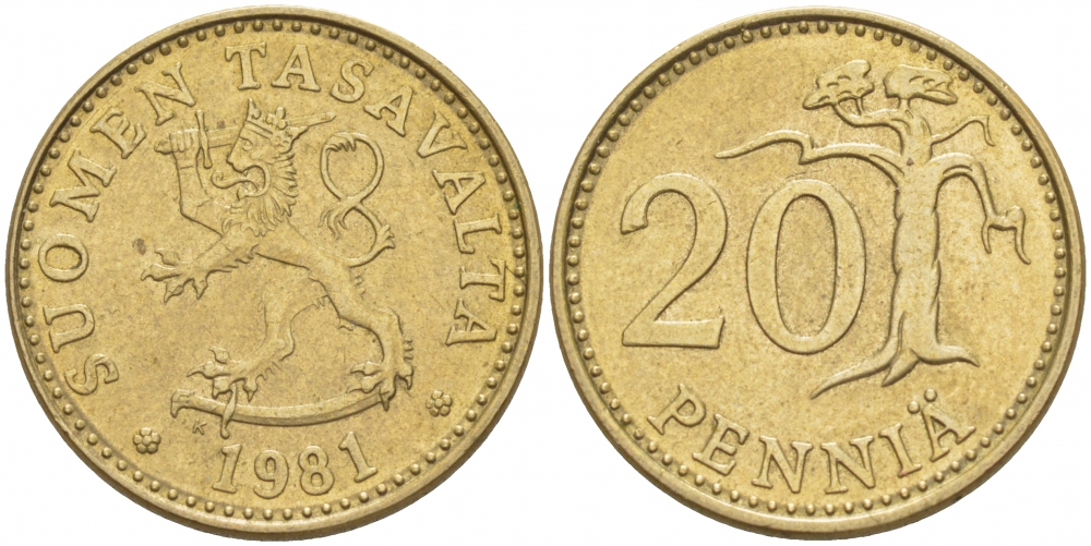 ФИНЛЯНДИЯ 20 ПЕННИ 1981 K KM 47 алюминиевая бронза 3718-514