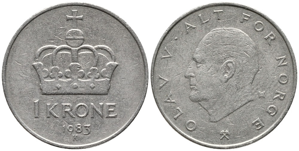 НОРВЕГИЯ 1 КРОНА 1983 ОЛАВ V (1957-1991) KM 419 медно-никель 28-947