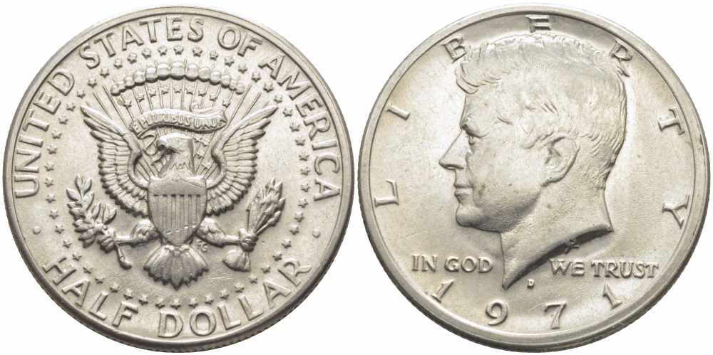 США 1/2 доллара (50 центов) 1971 D, Джон Кеннеди KM 202b медь плакированная медно-никелем 72-126