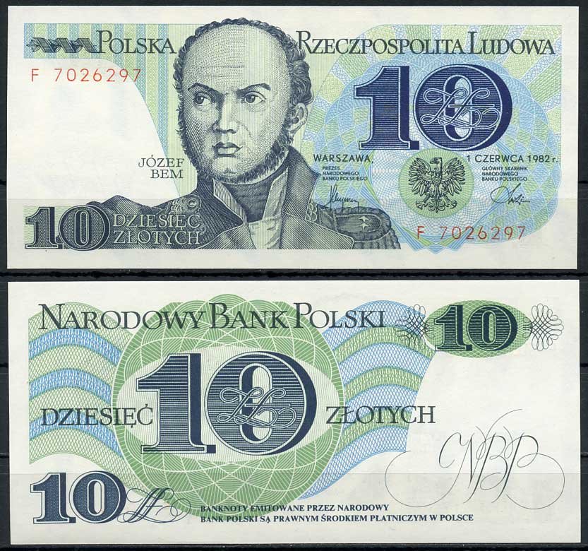 Польша 10 злотых 1982 Юзеф Захариаш Бем Pick 148 a бумага UNC (пресс) 450-77-1