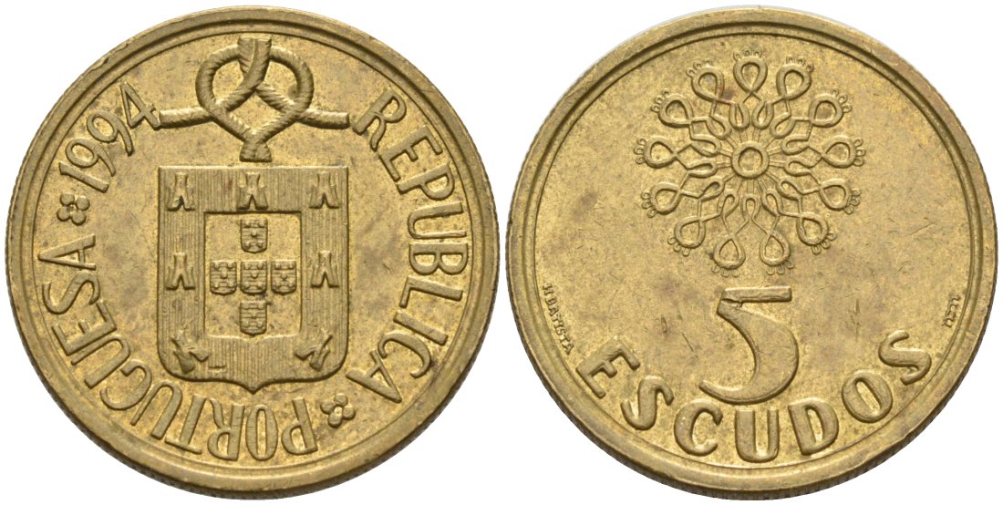 Португалия 5 эскудо 1994 KM 632 никель латунь 4573-957