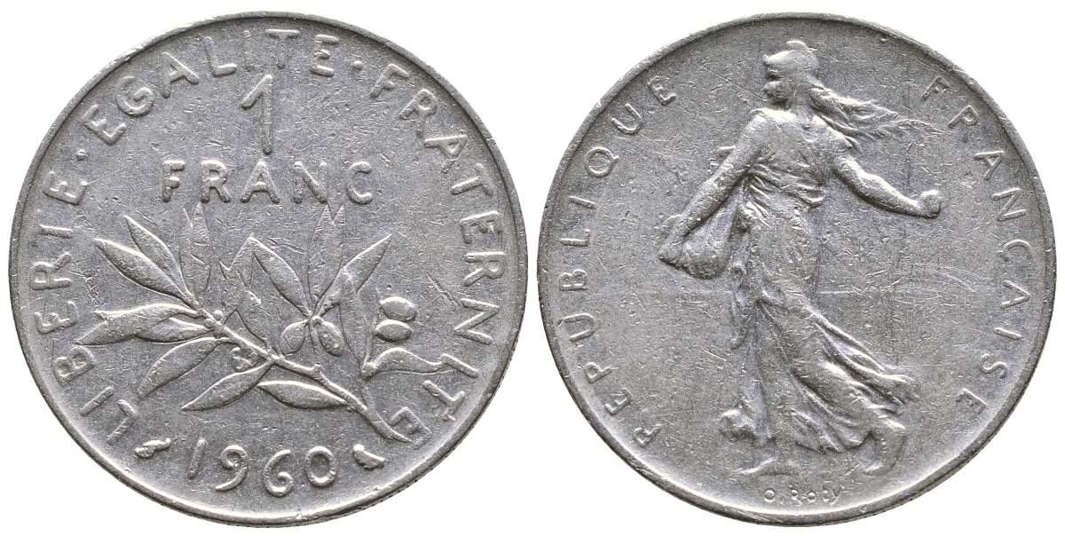 ФРАНЦИЯ 1 ФРАНК 1960 СЕЯТЕЛЬ KM 925.1, LE FRANC 226.4 никель 4385-1011
