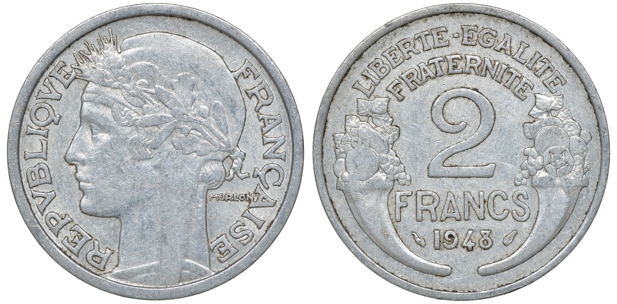 Франция 2 франка 1948 KM 886а.1, Le Franc 269.12 алюминий 4162-112