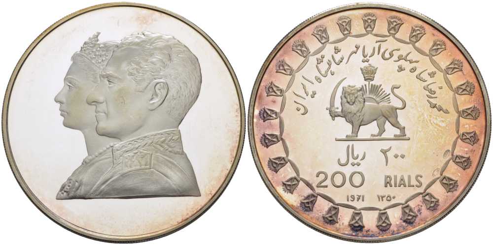 ИРАН 200 РИАЛОВ 1971 2500 ЛЕТ ПЕРСИДСКОЙ ИМПЕРИИ, ТИРАЖ 23000 ЭКЗ., ПРОБА 999, ВЕС 60 ГР., ДИАМЕТР 50 ММ. KM 1188 серебро PROOF 02-013-12-2