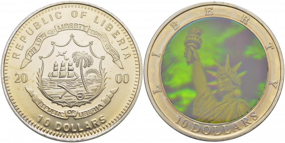 Либерия 10 долларов 2000 Либерти, Liberty, статуя свободы на острове Эллис, голограмма  медно-никель  UNC  11-122-11