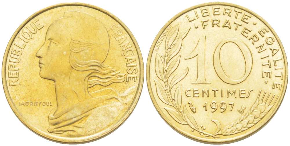 ФРАНЦИЯ 10 САНТИМОВ 1997 ТИП MARIANNE KM 929, LE FRANC 144.41 алюминиевая бронза 217-232