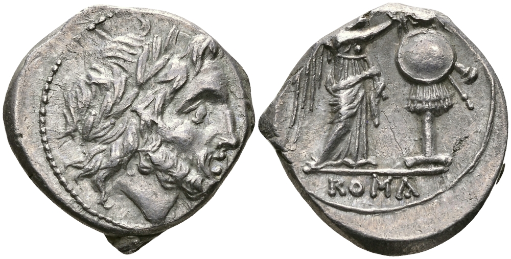 Римская Республика викториат 211 - 208 гг. до н.э. анонимный выпуск, голова Юпитера / Виктория, возлагающая венок на трофей, монетный двор на Сицилии, EXTREMELY FINE, 3,26 гр Cr. 70/1 серебро 1073-10-84