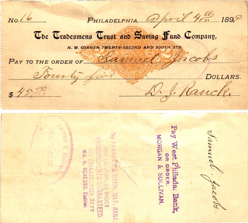 США чек на 45 долларов 1899 Филадельфия бумага 2196-49-1-2