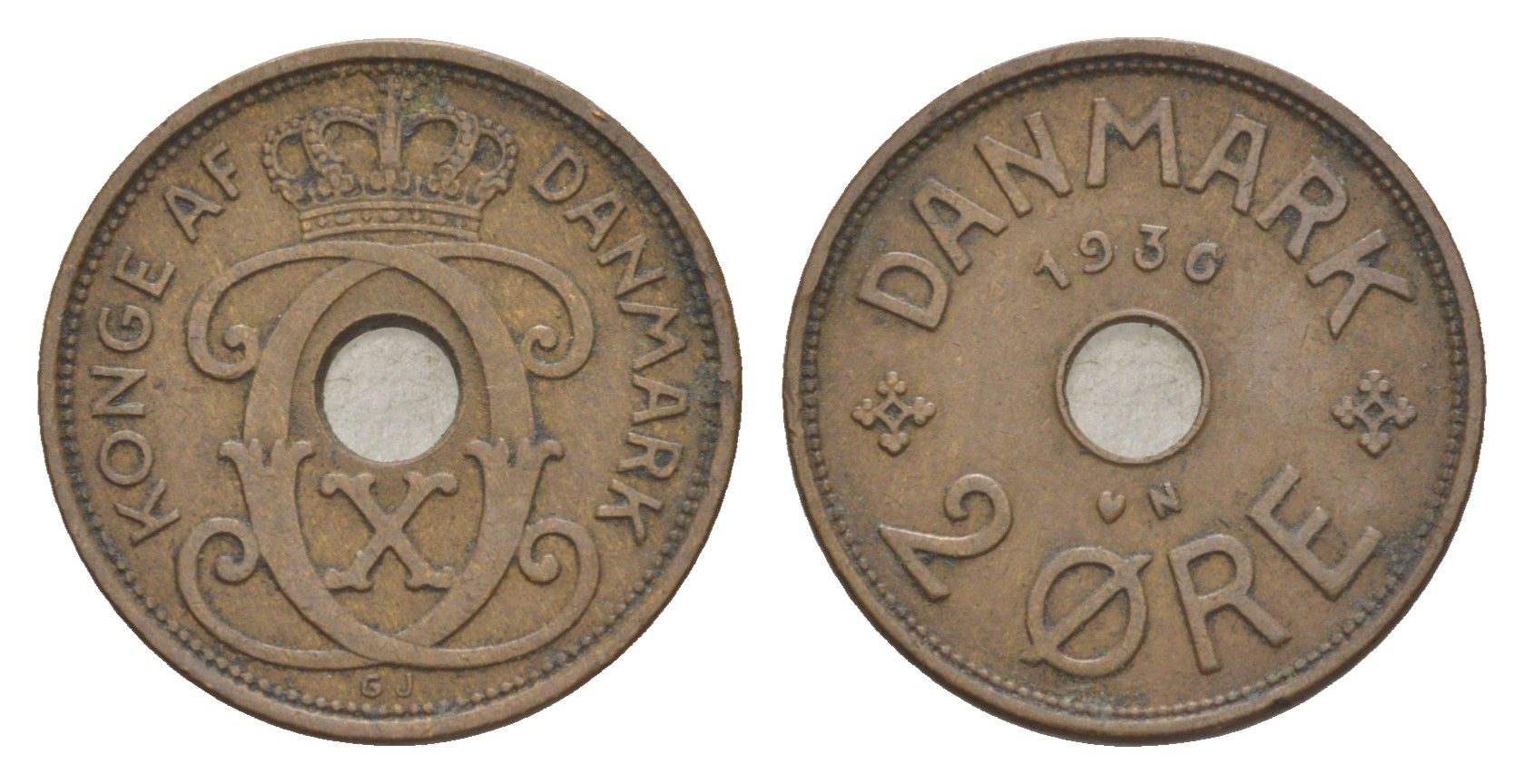 Дания 2 эре 1936 N, Кристиан X (1912-1947) KM 827 бронза 4639-753