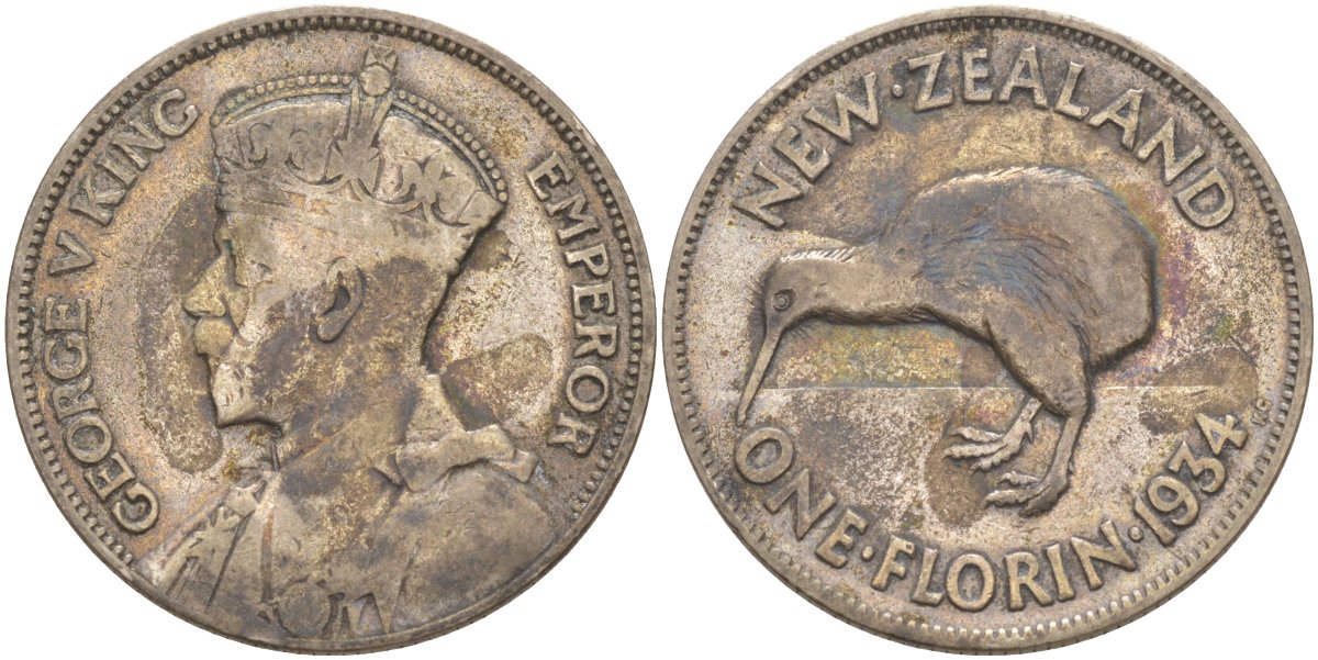 Новая Зеландия 1 флорин 1934 Георг V (1910-1936), Киви KM 4 серебро 84-1143