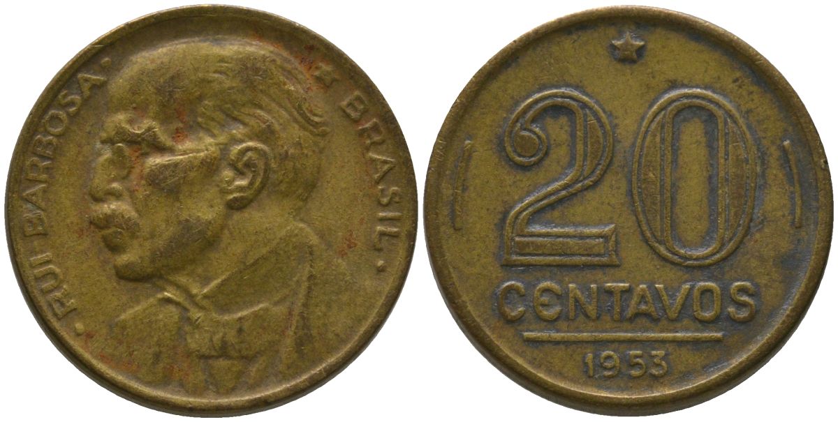 Бразилия 20 сентаво 1953 Руй Барбоза ди Оливейра KM 562, Schon 67 алюминиевая бронза 4567-925