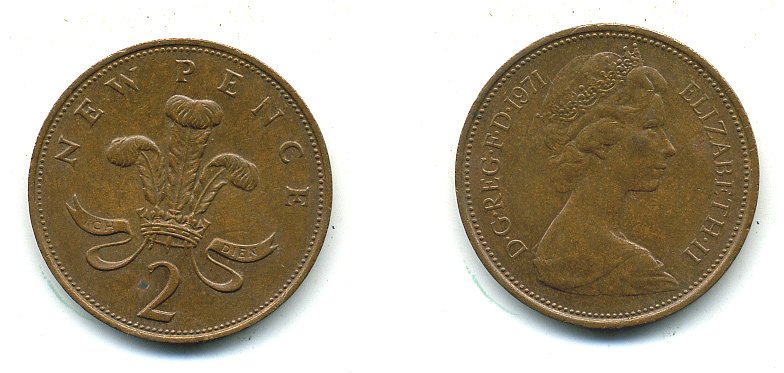 Великобритания 2 пенса 1971 Елизавета II (1952-2022) КМ 916, Spink 4235 (C1) бронза 4110-631