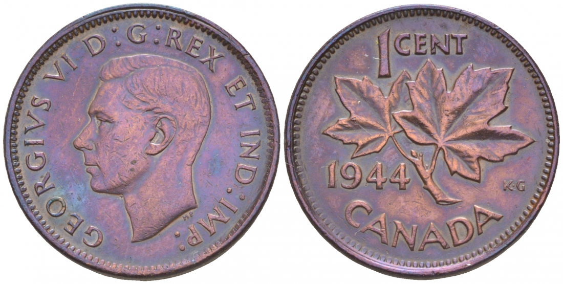Канада 1 цент 1944 Георг VI (1937-1952), кленовый лист KM 32 бронза 44-945