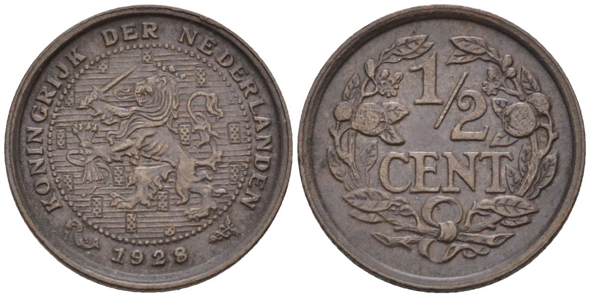 Нидерланды 1/2 цента 1928 Вильгельмина (1890-1948) KM 138 бронза 4588-948