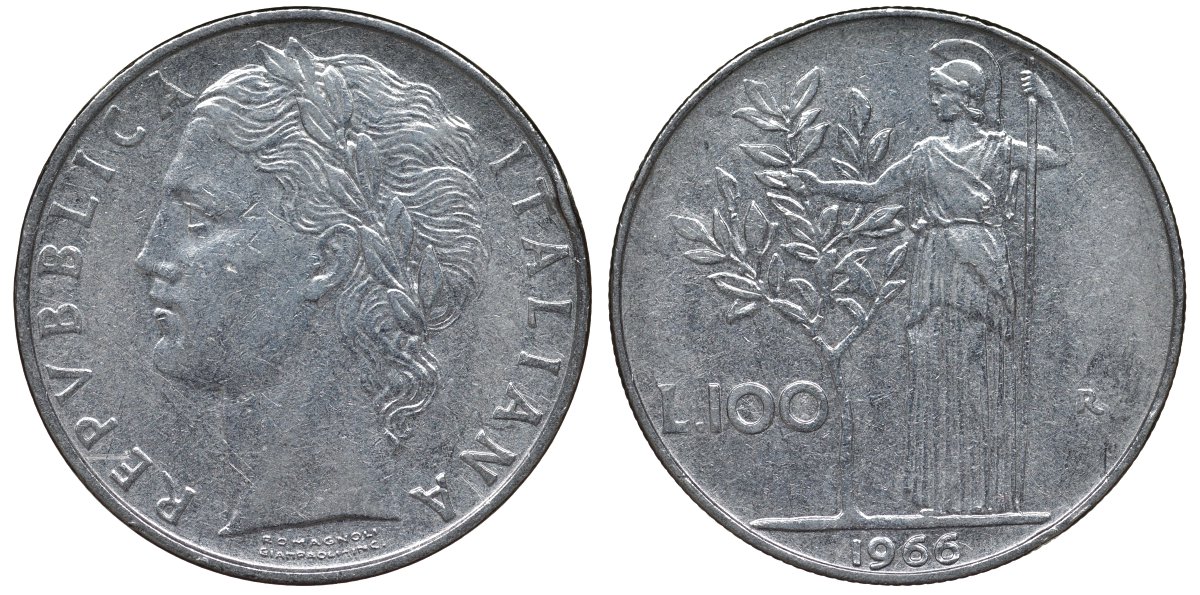 Италия 100 лир 1966 R, Афина в доспехах KM 96.1 нержавеющая сталь 4123-1232