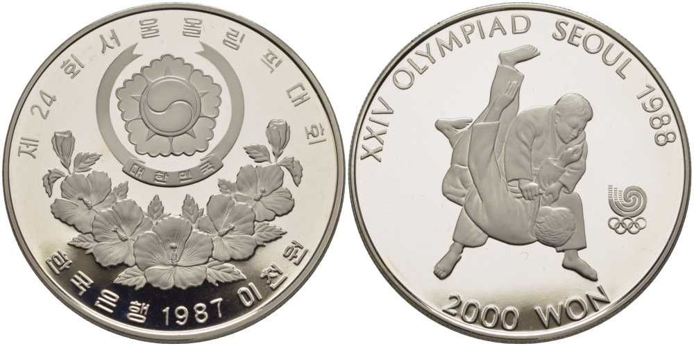 ЮЖНАЯ КОРЕЯ 2000 ВОН 1987 XXIV ОЛИМПИЙСКИЕ ИГРЫ В СЕУЛЕ 1988 ГОДА, ТХЭКВОНДО, ТИРАЖ 140000 ЭКЗ. KM 51 никель PROOF 1076-10-45