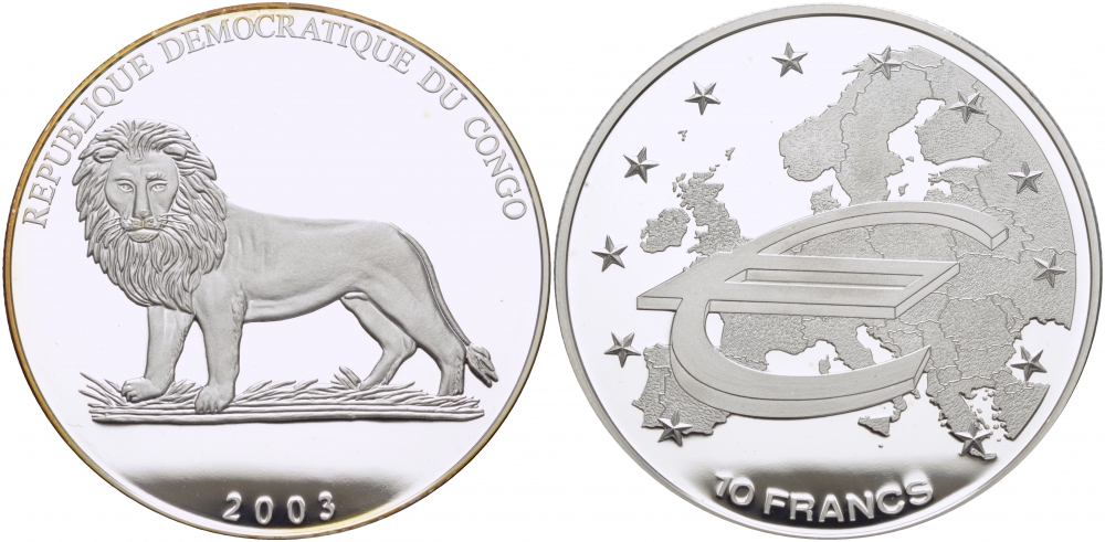 Конго 10 франков 2003 Евросоюз Schoon 177 серебро PROOF 1077-3-23