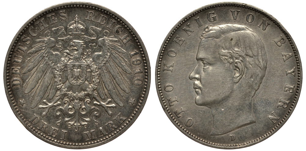 Бавария 3 марки 1910 Отто (1886-1913) Weege 45, J. 47, KM 515 серебро 3711-2013
