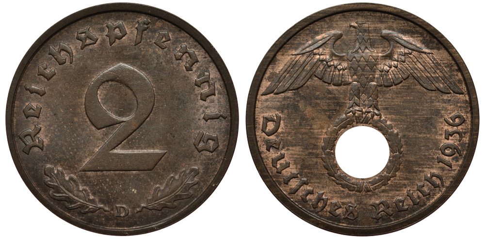 ГЕРМАНИЯ 2 РЕЙХСПФЕННИГА 1936 D J 362, KM 90 бронза aUNC 413-713