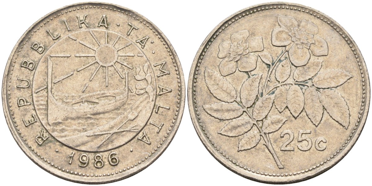 Мальта 25 центов 1986 шиповник вечнозелёный KM 80 медно-никель 65-1014