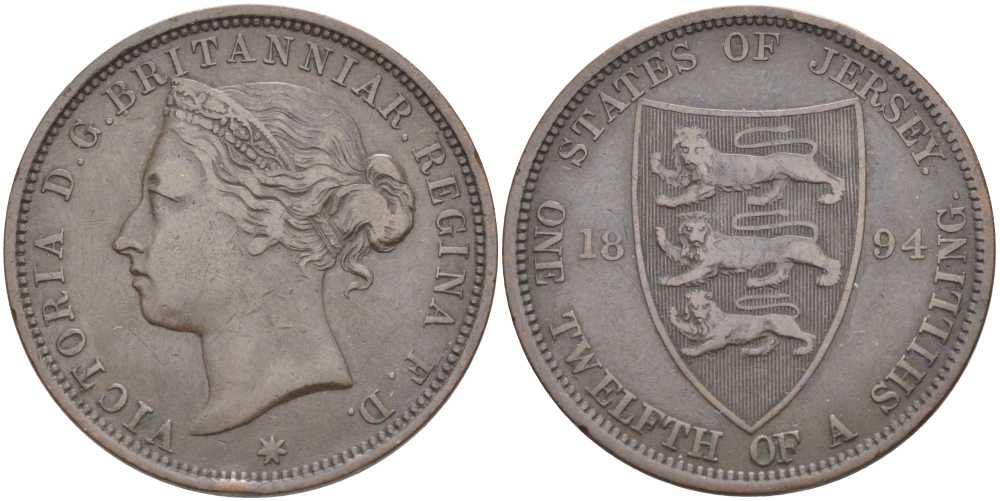 Джерси 1/12 шиллинга 1894 Виктория (1837-1901) KM 8 бронза 3996-426