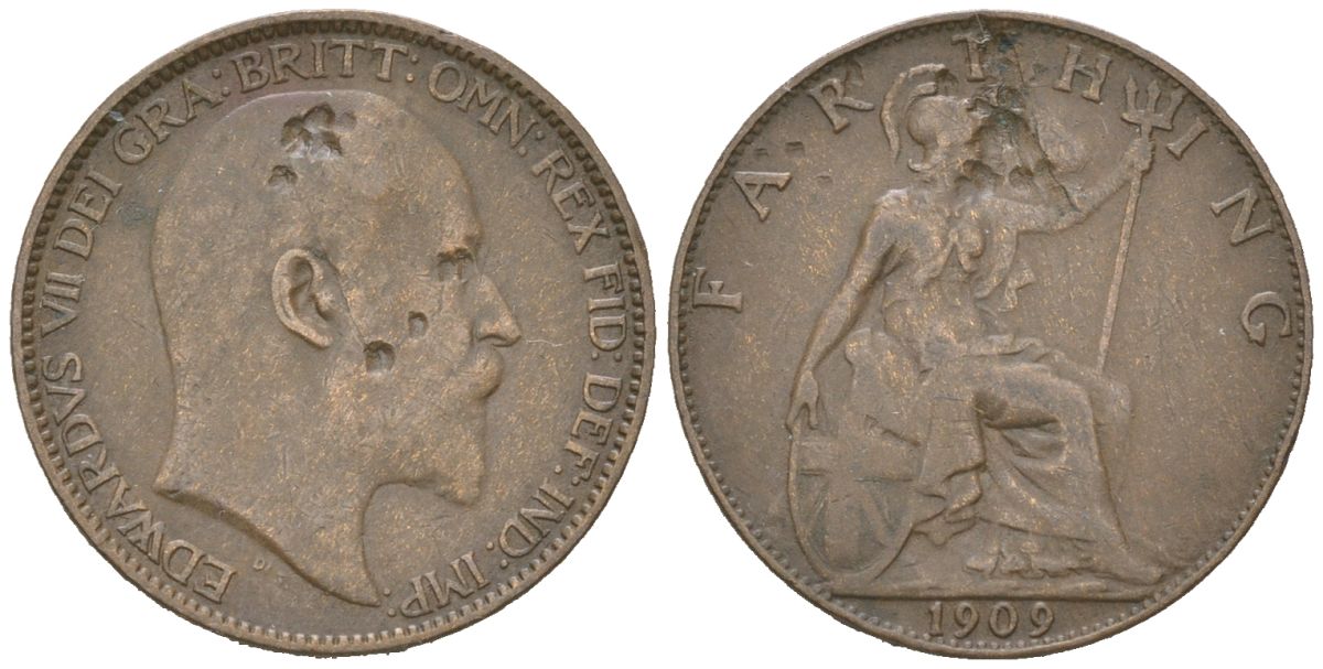 Великобритания 1 фартинг 1909 Эдуард VII (1901-1910) KM 792, Spink 3992 бронза 4617-847