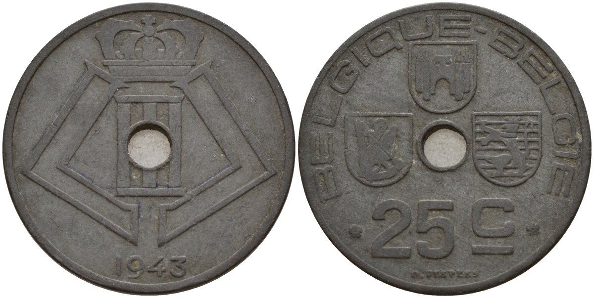 Бельгия 25 сантимов 1943 Belgique - Belgie, Леопольд III (1934-1947), германская оккупация, Вторая мировая война KM 131 цинк 4157-443
