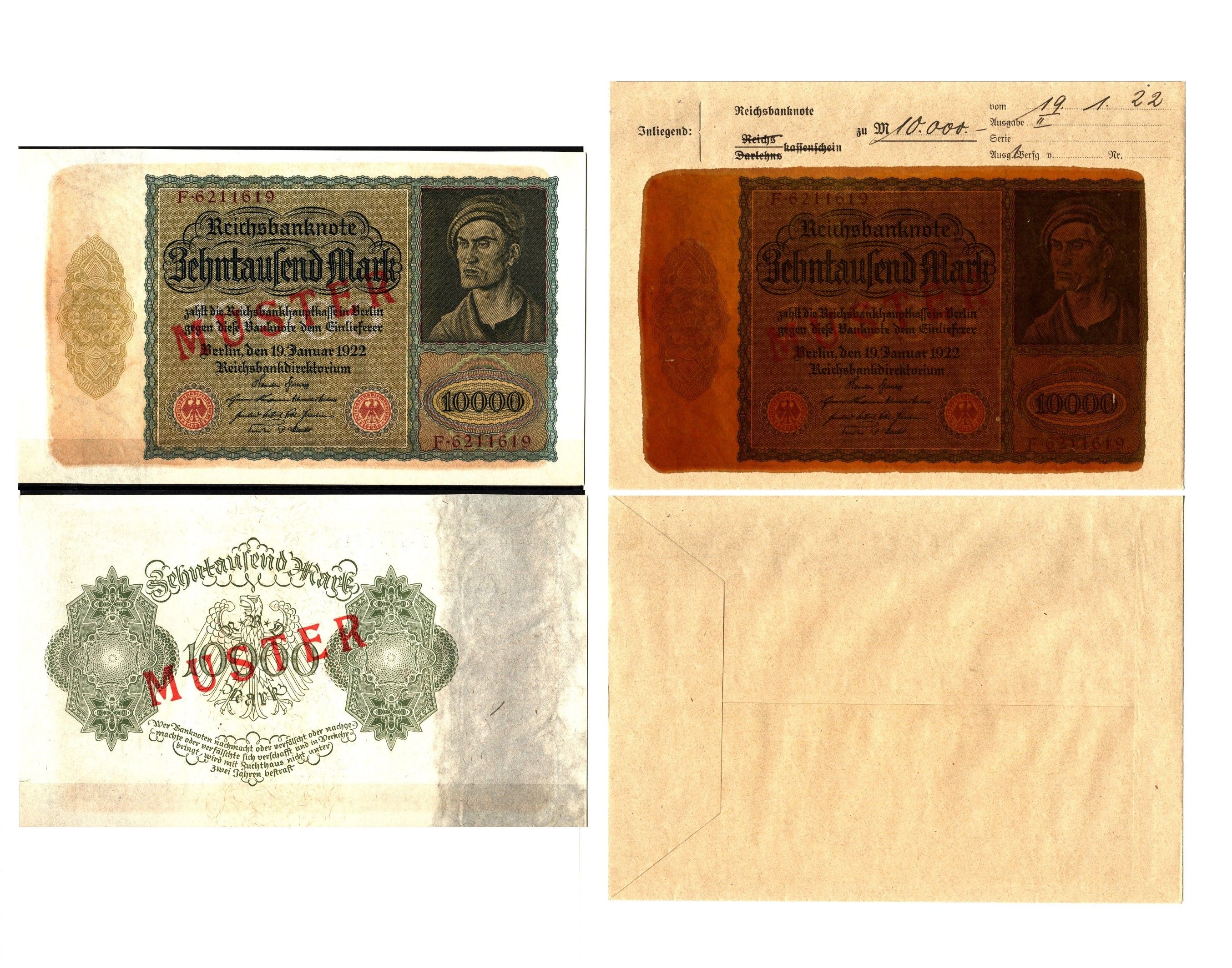 Германия 10000 марок 1922 орел за номиналом, 19 января, MUSTER, образец, Specimen. В оригинальном банковском конверте. Из коллекции Отто Сейфферта (помощник Ялмара Шахта - министра экономики Германии и президента Рейхсбанка времен третьего рейха) Pick 71 