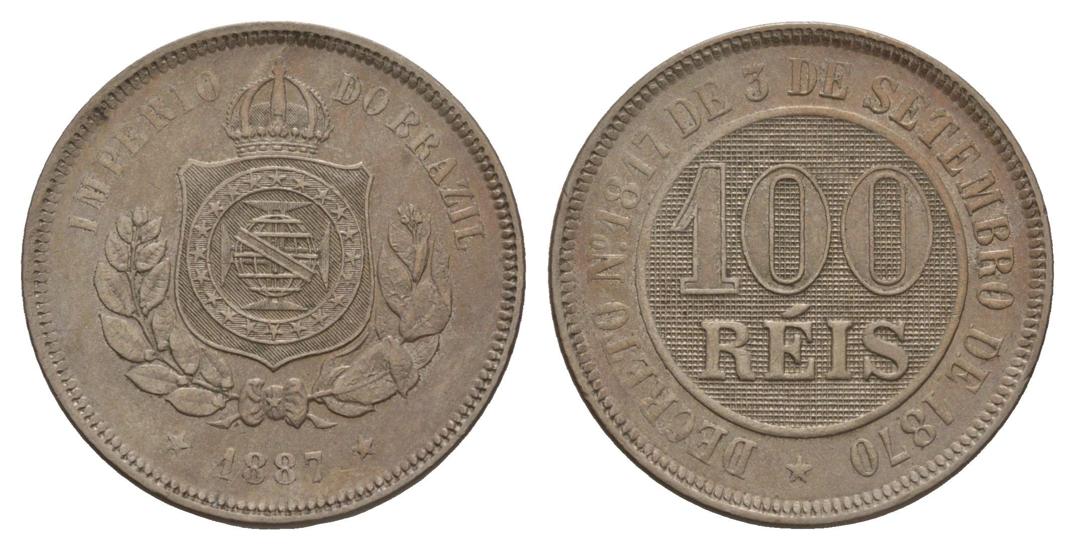 Бразилия 100 реалов (рейсов) 1887 KM 483 медно-никель aUNC 1519-1335