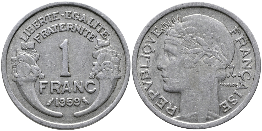 Франция 1 франк 1959 ТИП MORLON, LEGERE KM 885a.1, Le Franc 221.23 алюминий 259-1235