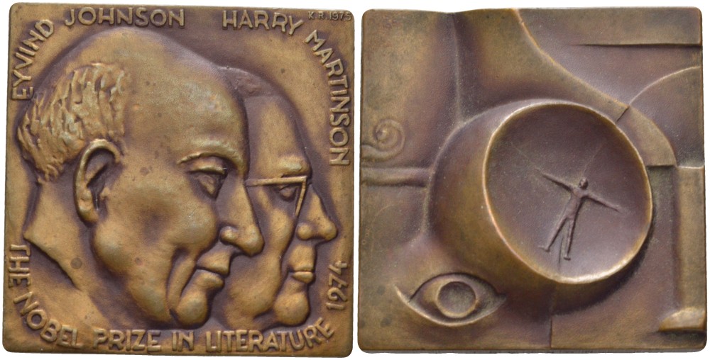 НИДЕРЛАНДЫ ПЛАКЕТКА 1975 ЭЙВИНД ЮНСОН (1900-1976) И ХАРРИ МАРТИНСОН (1904-1978) ПИСАТЕЛИ, ЛАУРЕАТЫ НОБЕЛЕВСКОЙ ПРЕМИИ ПО ЛИТЕРАТУРЕ 1974 ГОДА, РАЗМЕР 40Х40 ММ. бронза 1088-2-34