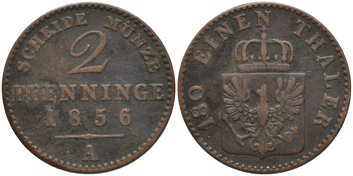 Пруссия 2 пфеннига 1856 A, Фридрих Вильгельм IV (1840-1861) KM 452, Jaeger 51, Olding 336, AKS 91 медь 4544-944