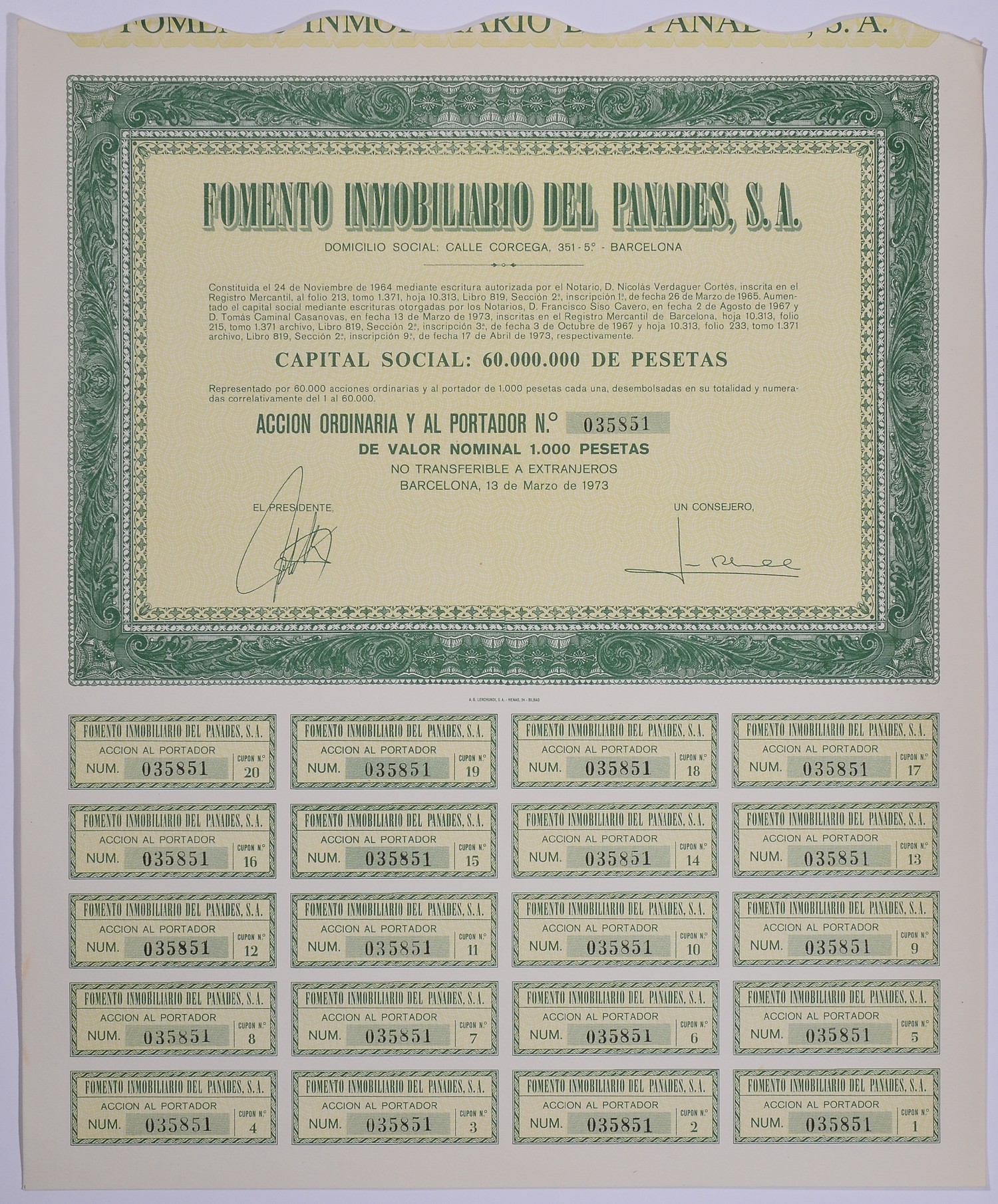 Испания акция на 1000 песет 1973 Fomento Inmobiliario del Panades, S.A., Барселона 1973, с купонами бумага 5544-16