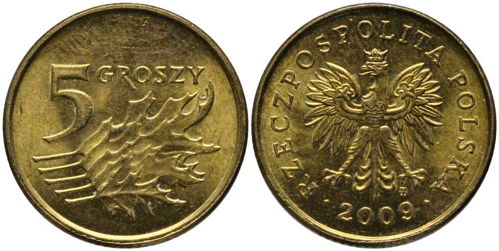 ПОЛЬША 5 ГРОШЕЙ 2009 MW KM 278 латунь 201-436