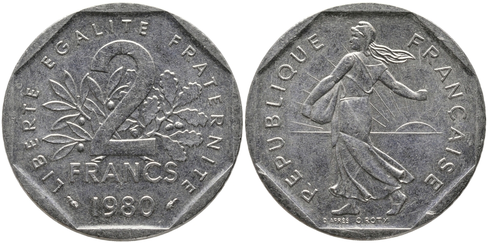 ФРАНЦИЯ 2 ФРАНКА 1980 СЕЯТЕЛЬ KM 942.1, LE FRANC 272.4 никель 65-1031
