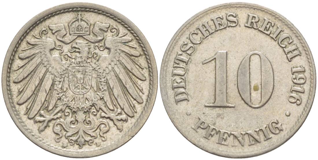 Германия 10 пфеннигов 1916 D KM 12, Jager 13, Weege 8 медно-никель 219-256