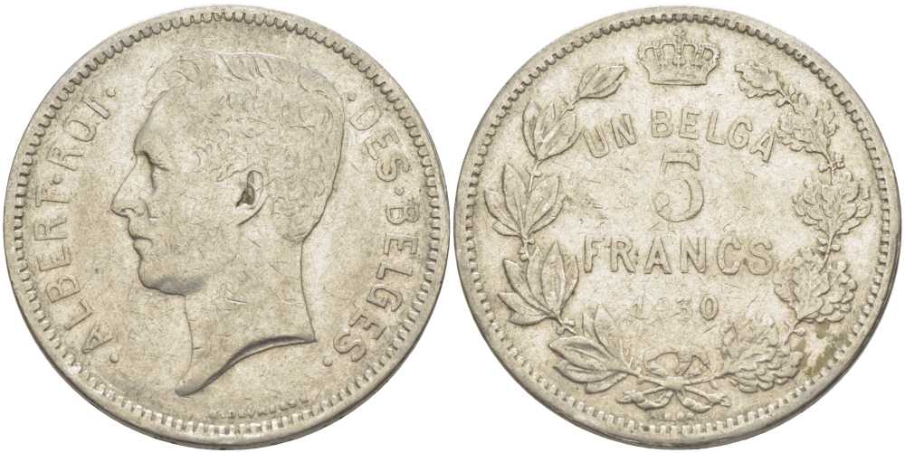 БЕЛЬГИЯ 5 ФРАНКОВ 1930 АЛЬБЕРТ I, DES BELGES KM 97.1 никель 3851-122