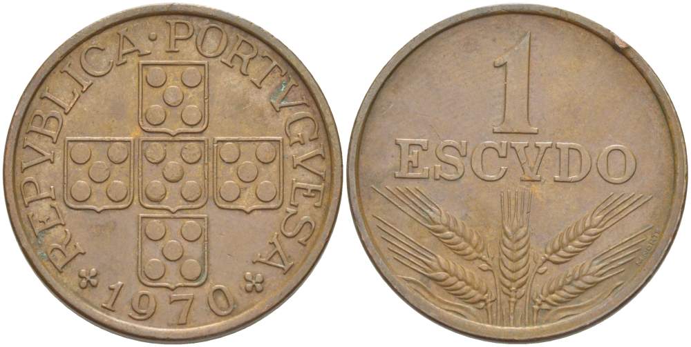 Португалия 1 эскудо 1970 KM 597 бронза 4521-1245