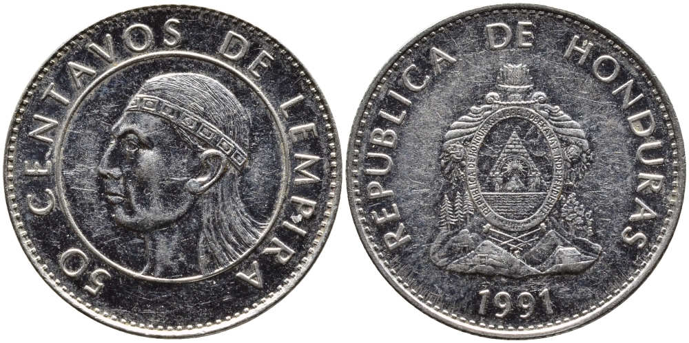 Гондурас 50 сентаво 1991 бюст касика Лемпира KM 84а.1 сталь плакированная никелем 4390-145